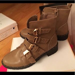 Brown buckle studded ankle booties boots